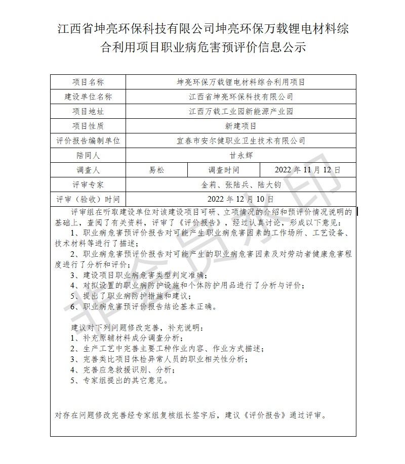 江西省坤亮環(huán)?？萍加邢薰纠ち镰h(huán)保萬載鋰電材料綜合利用項目職業(yè)病危害預評價信息公示.jpg