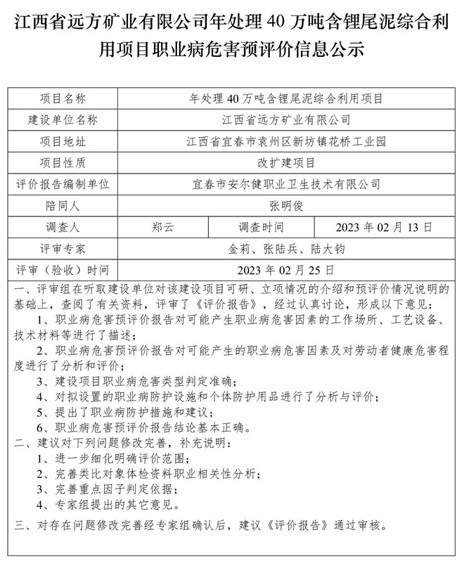江西省遠(yuǎn)方礦業(yè)有限公司年處理40萬噸含鋰尾泥綜合利用項目職業(yè)病危害預(yù)評價信息公示.jpg