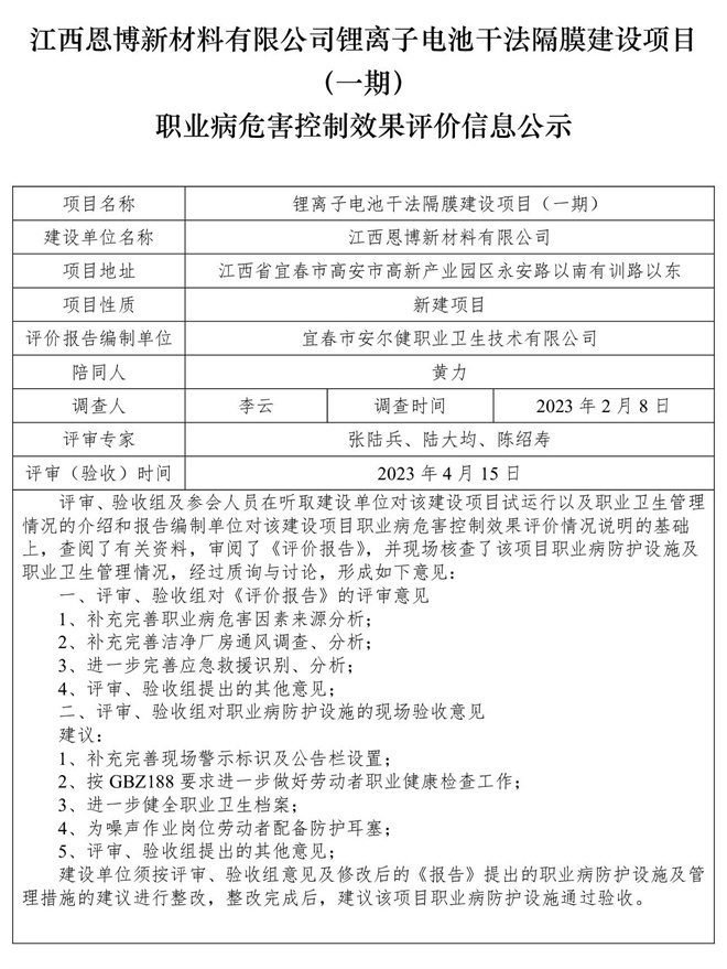 1681789583528430.jpg 江西恩博新材料有限公司鋰離子電池干法隔膜建設(shè)項目(一期)職業(yè)病危害控制效果評價信息公示.jpg